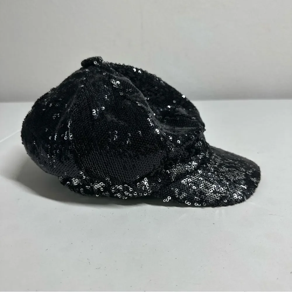 Justice Sequin Black Cadet Style Cap One Size Black Silver Elastic Back